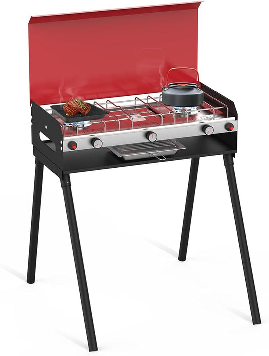 CAMPLUX 2 Burners & 1 Grill Propane Camping Stove, 15,000 BTU Portable Outdoor Propane Camping Grill Burner with Free Standing Legs, Auto-Ignition Gas Stove with Regulator, Red