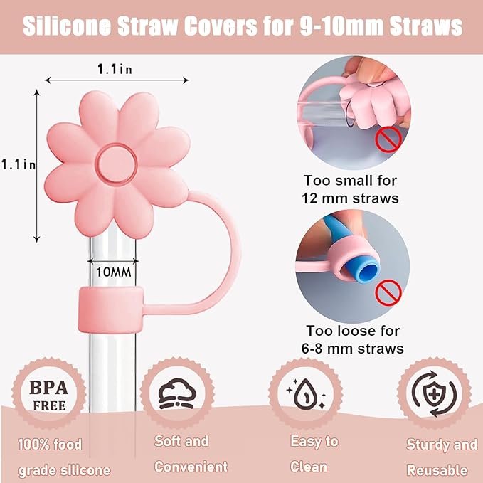 6PCS Silicone Straw Covers Toppers for Stanley Cups 30&40 Oz Tumbler Accessories Flower Straw Caps Pink Black Dust-Proof Reusable Straws Tips Protectors for Stanley Cup 10mm 0.4in Straws
