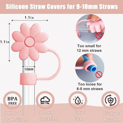6PCS Silicone Straw Covers Toppers for Stanley Cups 30&40 Oz Tumbler Accessories Flower Straw Caps Pink Black Dust-Proof Reusable Straws Tips Protectors for Stanley Cup 10mm 0.4in Straws