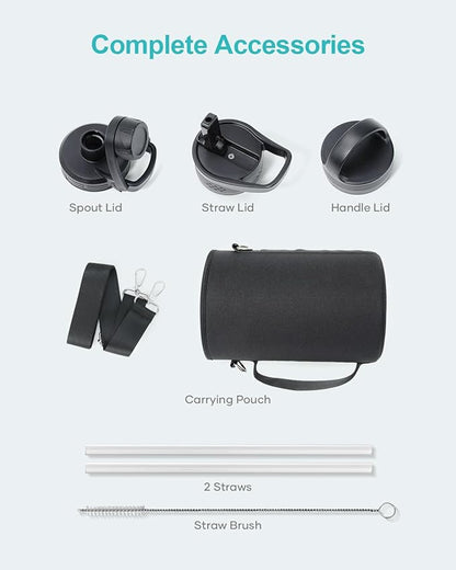 BUZIO 64 oz Water Bottle Insulated with Straw & 3 lid and Carrying Pouch, Leak Proof Half Gallon Stainless Steel Water Flask Jug, Cold for 48 Hrs Double Vacuum Thermo Canteen, BPA-Free, Blue