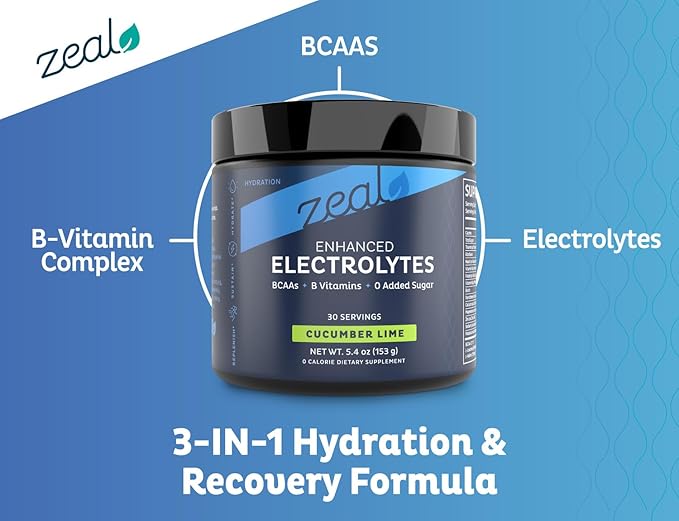 Zeal Electrolyte Powder - 90 Servings | Keto Electrolytes Powder | Zero Sugar, BCAAs, B-Vitamins | Potassium, Zinc, Magnesium | Hydration Powder Recovery Drink | Cucumber Lime