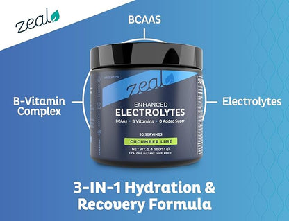 Zeal Electrolyte Powder - 90 Servings | Keto Electrolytes Powder | Zero Sugar, BCAAs, B-Vitamins | Potassium, Zinc, Magnesium | Hydration Powder Recovery Drink | Cucumber Lime