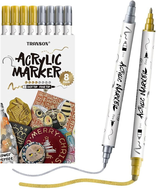 TRANSON 4 Silver and 4 Gold Paint Markers Bold and Fine Dual-tip Acrylic Paint Marker Set for Rock Painting Glass Canvas Wood Leather Ceramic Painting