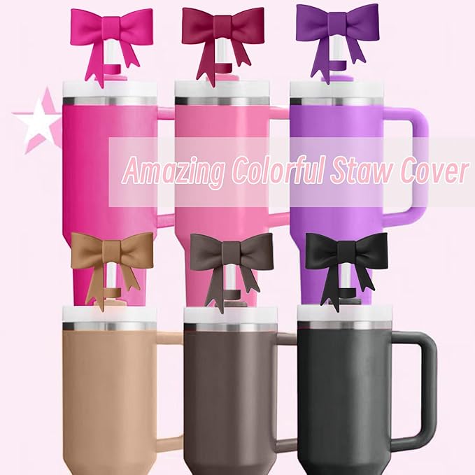 6Pcs Silicone Straw Toppers Covers for Stanley Cups 40/30oz 10mm(0.4in) Dark Purple Dust-Proof Bow Straw Covers Toppers Brown Suitbale for Stanley Cup Accessories Reusable Straws Caps