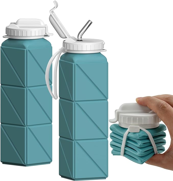 Collapsible Water Bottles with Straw 20.6oz, Silicone Foldable Portable Water Bottle, BPA-Free, Leakproof Reusable for Travel Camping Hiking Cycling Yoga Sports, 1 Pack (Blue)