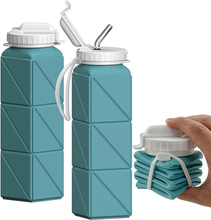 Collapsible Water Bottles with Straw 20.6oz, Silicone Foldable Portable Water Bottle, BPA-Free, Leakproof Reusable for Travel Camping Hiking Cycling Yoga Sports, 1 Pack (Blue)