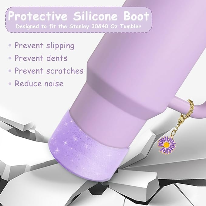 Stanley Cup Accessories Set,Including 2 Pcs 0.4in Straw Cover, 1 Silicone Spill-Proof Stopper Set of 3, 1 Cute Purple Flower Handle Charm, 1 Silicone Boot Fits Stanley 40&30 Oz Tumbler (Purple)