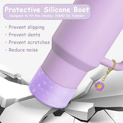 Stanley Cup Accessories Set,Including 2 Pcs 0.4in Straw Cover, 1 Silicone Spill-Proof Stopper Set of 3, 1 Cute Purple Flower Handle Charm, 1 Silicone Boot Fits Stanley 40&30 Oz Tumbler (Purple)