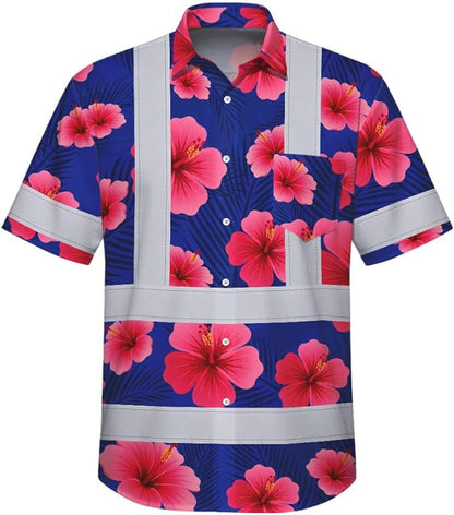 High Visibility Hawaiian Shirt for Men Tropical Shirts Custom Name Floral Outfit Reflective Safety Workwear