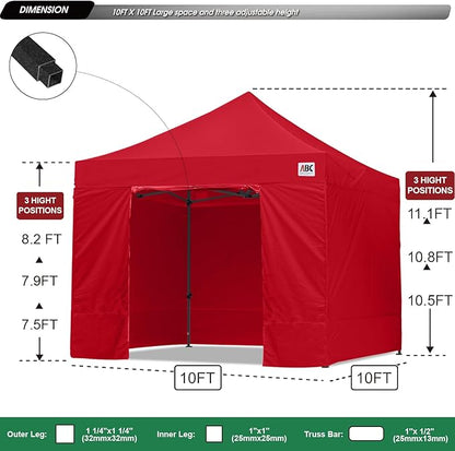 ABCCANOPY Heavy Duty Easy Pop up Canopy Tent with Sidewalls 10x10, Red