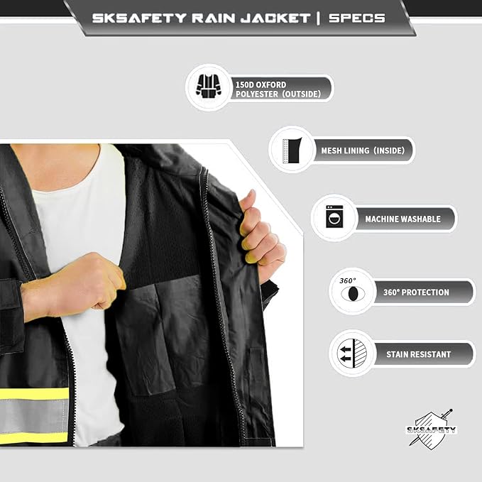 SKSAFETY Hi Vis Reflective Rain suits for Men Waterproof - High Vis Safety Rain Jacket, High Visibility Raincoat for Men