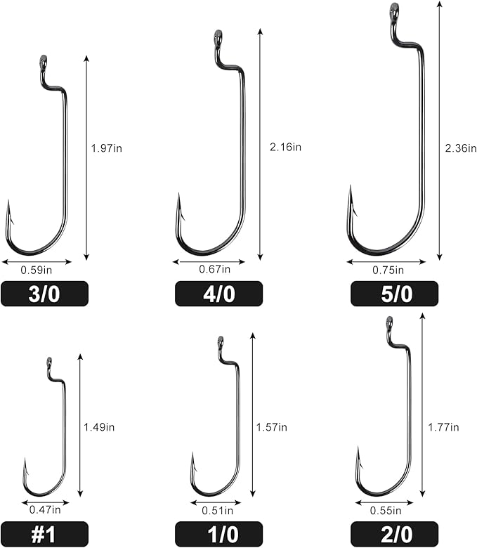 UCEC Fishing Hooks, 140PCS/ 100PCS/ 60PCS EWG Offset Worm Hooks Bass Hooks Wide Gap 2X Strong Senko Bait Texas Rig Jig Fish Hooks for Bass Trout Saltwater Freshwater Size:#4#2#1 1/0 2/0 3/0 4/0 5/0