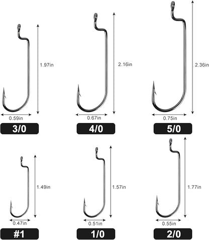 UCEC Fishing Hooks, 140PCS/ 100PCS/ 60PCS EWG Offset Worm Hooks Bass Hooks Wide Gap 2X Strong Senko Bait Texas Rig Jig Fish Hooks for Bass Trout Saltwater Freshwater Size:#4#2#1 1/0 2/0 3/0 4/0 5/0
