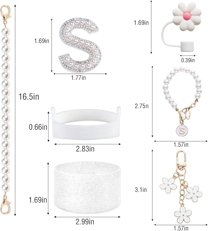 Cup Accessories Set for Stanley- Including Water Bottle Carrying Pearl Strap, Handle Letter Charms Sticker, Siliocne Cup Boot Straw Cover for Stanley 40oz & 30oz Tumbler Accessory Kit S
