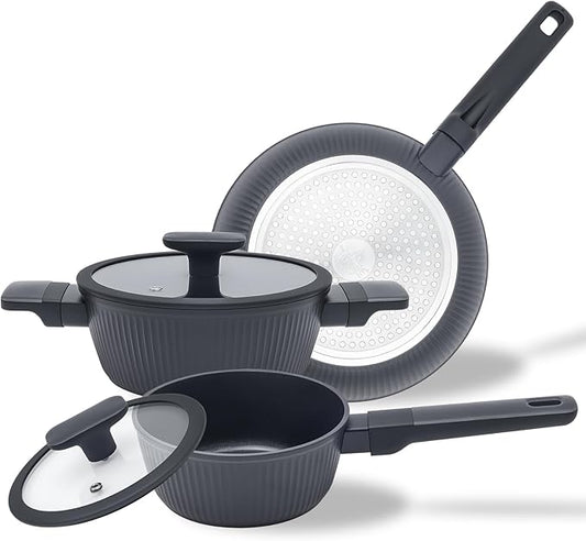 Nonstick Cookware Set, Ceramic Pots and Pans Set Non Toxic, 3-Piece Induction Ready Frying Pan & Saucepan with Lid, 3mm Aluminum Even Heating, Dishwasher Safe