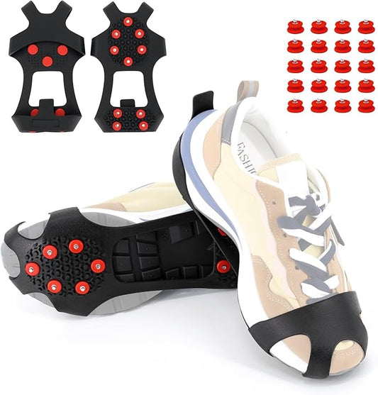 Anti Slip Ice Cleats, Ice Snow Traction Cleats for Walking on Snow and Ice, 10 Steel Studs Crampons, Ice Snow Grips with Extra 20 Replacement Studs for Shoes and Boots