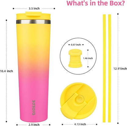 BJPKPK 34oz Stainless Steel Insulated Tumbler With lid And Straw Travel Coffee Thermal Tumblers Cup For Women And Men,Pink Yellow Rose