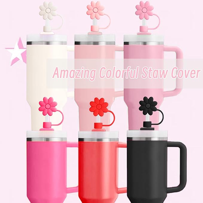 6PCS Silicone Straw Covers Toppers for Stanley Cups 30&40 Oz Tumbler Accessories Flower Straw Caps Pink Black Dust-Proof Reusable Straws Tips Protectors for Stanley Cup 10mm 0.4in Straws