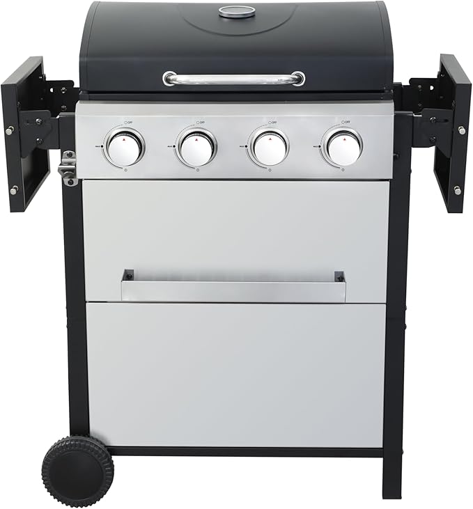 4-Burner Propane Gas BBQ Grill, 34200BTU Output With Wire Enamel Cooking Grids For Outdoor Barbecue, Foldable Side Table, Hanging Basket, Stainless Steel