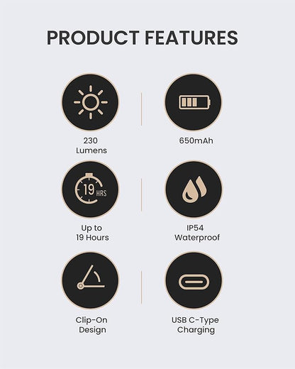 Claymore Capon 65A+ Black Ultra-Light Clip-On Cap Light – USB-C Rechargeable 230LM LED Compact Headlamp | 3 Modes IP54 Water-Resistant Up to 19 Hrs Runtime for Camping, Running, Outdoor