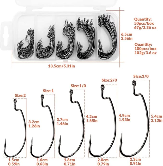 THKFISH 50pcs/100pcs/box Offset Worm Hook Fishing Hook Set Dropshot Hook Set Rubber Fish Jigs Fishing Kit # 2# 1 1/0 2/0 3/0
