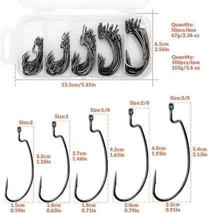 THKFISH 50pcs/100pcs/box Offset Worm Hook Fishing Hook Set Dropshot Hook Set Rubber Fish Jigs Fishing Kit # 2# 1 1/0 2/0 3/0