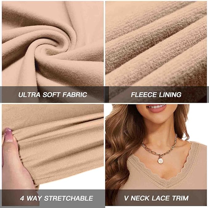 WOWENY Women Thermal Long Sleeve Shirt Fleece Lined Basic Fitted Tops Lace V Neck Undershirts Winter Tight Base Layer