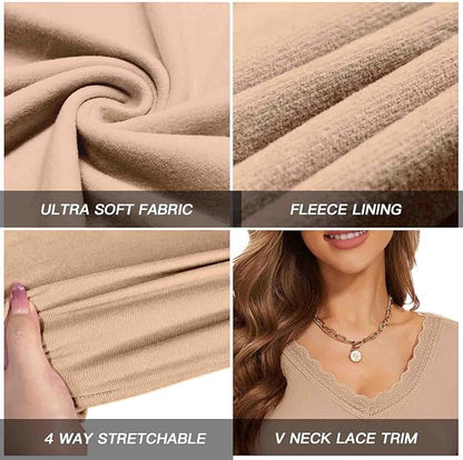 WOWENY Women Thermal Long Sleeve Shirt Fleece Lined Basic Fitted Tops Lace V Neck Undershirts Winter Tight Base Layer