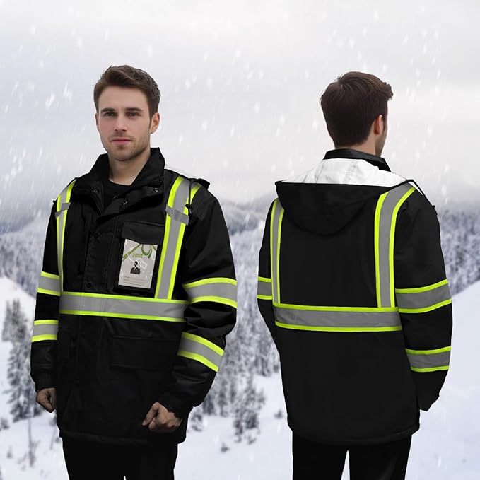 High Vis Safety Jackets, Reflective Work Jacket with Pockets for Men& Women, Construction Coats for Cold Weather, Waterproof Rain Jacket, Class 3, Black with Bottom Long, XXL