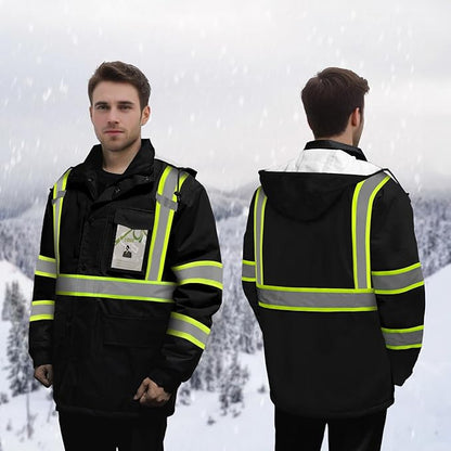 Hi Vis Jackets for Men, Safety Jackets for Men& Women, Reflective Apparel with Pockets for Cold Weather Winter, Waterproof High Vis Rain Coat, Class 3, Black with Bottom Long, XL