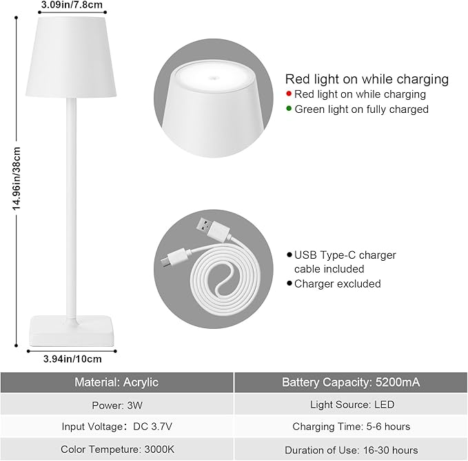 2 Pack Rechargeable Cordless Table Lamps, 5200mAh Battery Touch Table Light, Aluminum Shell Stepless Dimmable Portable LED Desk Lamp for Dinner/Restaurant/Outdoor White