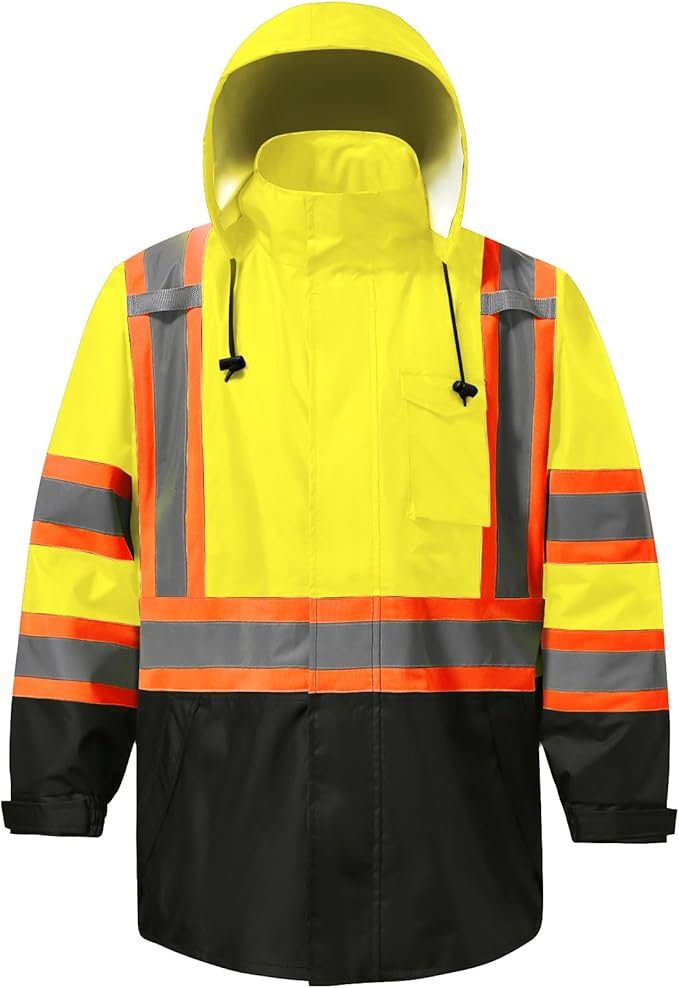 Reflective Rain jackets for men waterproof,Hi Vis Safety Coat With Reflective Strips，High Visibility Class 3 Rain jackets With 2 large pockets,Zipper,Lime,SM/MD