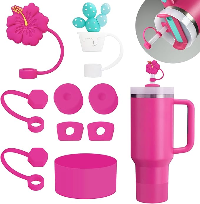 Stanley Cup Accessories Set Including 6 Pcs Silicone Spill Proof Stopper, 2 Pcs Straw Cover Cap for 9-10 mm Straws, 1 Pcs Silicone Boot for Stanley Cup 40oz & 30oz Tumbler (Passion Pink)
