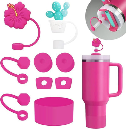Stanley Cup Accessories Set Including 6 Pcs Silicone Spill Proof Stopper, 2 Pcs Straw Cover Cap for 9-10 mm Straws, 1 Pcs Silicone Boot for Stanley Cup 40oz & 30oz Tumbler (Passion Pink)