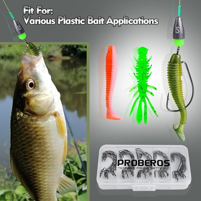 Fishing Hooks for Bass Fishing - 100pcs EWG Offset Worm Hook Texas Rig Hooks for Freshwater Saltwater Size 1/0 2/0 3/0 4/0 5/0 - Soft Lures Worms Plastics Bait Fishing Hook with Tackle Box