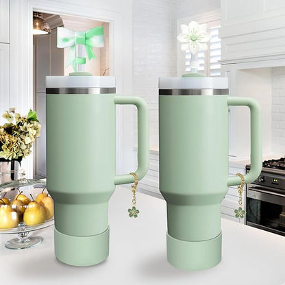 Stanley Cup Accessories Set,Including 2 Pcs 0.4in Straw Cover, 1 Silicone Spill-Proof Stopper Set of 3, 1 Cute Flowers Handle Charm, 1 Silicone Boot Fits Stanley 40&30 Oz Tumbler (Matcha Cream)