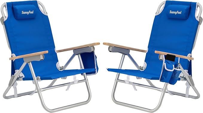 SUNNYFEEL Low Back Folding Beach Chair, Aluminum Heavy Duty Beach Chair with 3 Reclining Position, Portable Camping Chair for Adults with Wood Armrest, Lightweight Camping Chair 300lbs, Blue, 2 Pack