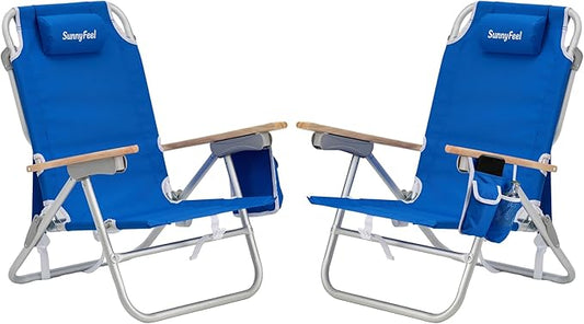 SUNNYFEEL Low Back Folding Beach Chair, Aluminum Heavy Duty Beach Chair with 3 Reclining Position, Portable Camping Chair for Adults with Wood Armrest, Lightweight Camping Chair 300lbs, Blue, 2 Pack
