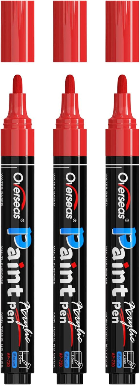 Overseas Red Paint Pens Paint Markers - Permanent Acrylic Markers 3 Pack, Water Based, Quick Dry, Waterproof Marker Pen for Rock, Wood, Plastic, Metal, Canvas, Glass, Fabric, Mugs. Medium Tip
