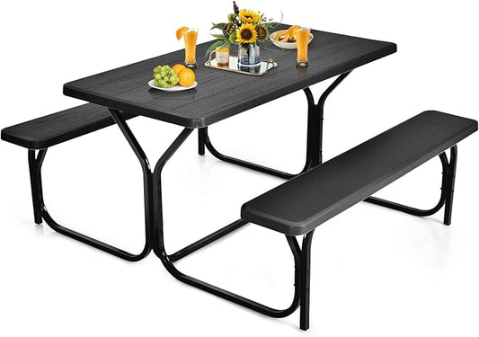 Tangkula Picnic Table Bench Set, Outdoor Picnic Table with 2 Benches, Metal Camping Table with Plastic Wood-Like Texture Tabletop & Steel Frame, Ideal for Picnic, Party, Garden, Lawn (Black)