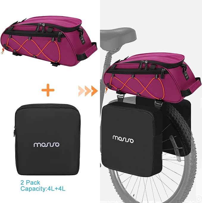 MOSISO Bike Rack Bag with 2 Removable Panniers, Waterproof Bike Trunk Cooler Storage Handbag Insulated Bicycle Rear Seat Pouch, Bicycle Storage Saddle Shoulder Bag Cycling Luggage Pouch, Rose Red
