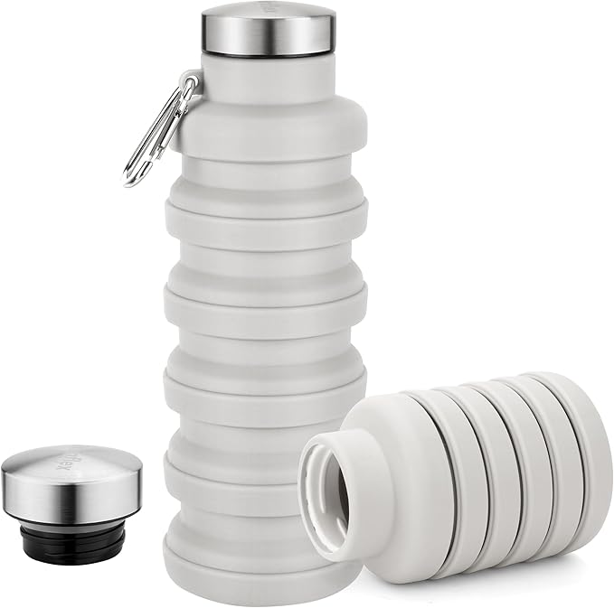 Collapsible Water Bottle,17oz Reuseable BPA Free Silicone Foldable Water Bottles for Travel Gym Camping Hiking Outdoor Indoor Sport-Gray