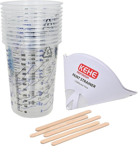 15 PACK Paint Mixing Cups by KEHE REFINISH,20 oz (600ml),Plastic Measuring Cups with Funnels and Mixing Sticks for Liquids, Paints, Resin, Epoxy, Art,Ratios 1:1,2:1, 3:1, 4:1,5:1,6:1,7:1,8:1
