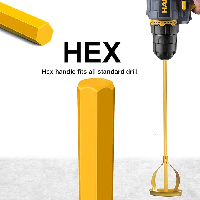 Paint and Mud Mixer, Paint Stirrer for Drill in 1 to 5 Gallon Bucket, Suitable for all Standard Drill Bits, Hex Head Anti-slip, Easy Clean, Painting and Plastering Mixer Stirrer Tool (Yellow)