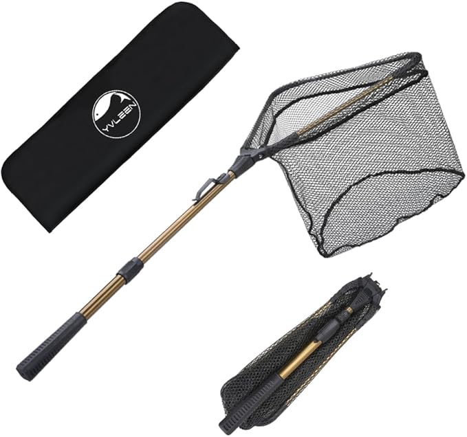 YVLEEN Folding Fishing Net - Foldable Fish Landing Net Robust Aluminum Telescopic Pole Handle and Nylon Mesh 16inch Hoop Size