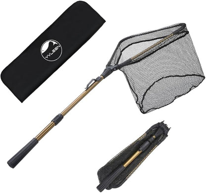 YVLEEN Folding Fishing Net - Foldable Fish Landing Net Robust Aluminum Telescopic Pole Handle and Nylon Mesh 16inch Hoop Size