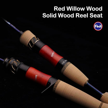 PURELURE Creek Dance Travel Ultralight Fishing Rods Spinning 2/3/4 Piece Portable BFS Casting Rod Solid Tip TORAY Carbon Fiber, Full Fuji Alconite Guides, Red Willow Wood Reel Seat AAA Cork Handle