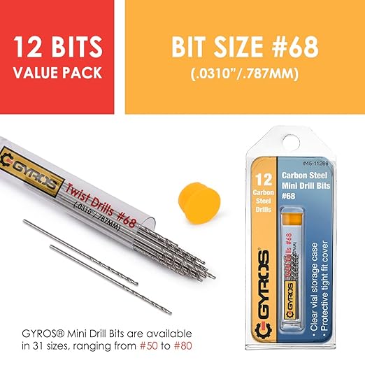 GYROS 12 PCS #68 Micro Drill Bit Set – Small Drill Bits for Jewelry, Plastic, Resin, & Soft Metal – Carbon Steel Wire Gauge Mini Twist Drill Bit Set for Pin Vise Hand Drill & Rotary Tool