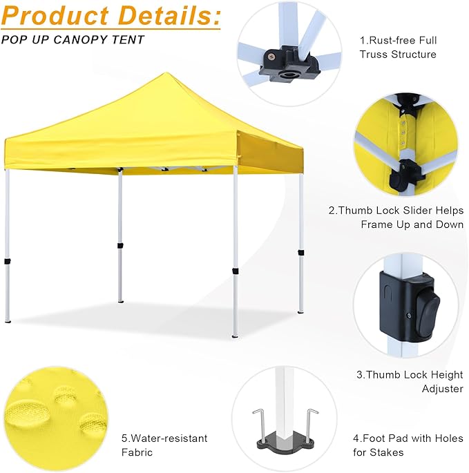 Pop Up Canopy Tent 10x10 for Outdoor Heavy Duty Commercial Instant Sun Shelter,with Wheeled Carry Bags,4Ropes and Stakes and 4 sandbags,Yellow