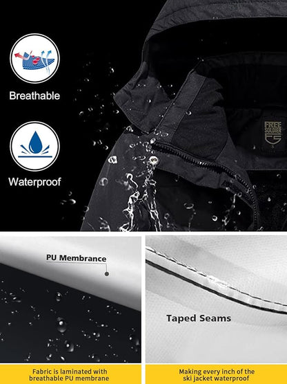 FREE SOLDIER Men's Waterproof Ski Jacket Fleece Lined Warm Winter Snow Coat with Hood Fully Taped Seams